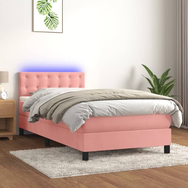 Ramsäng med madrass & LED rosa 90x190 cm sammet