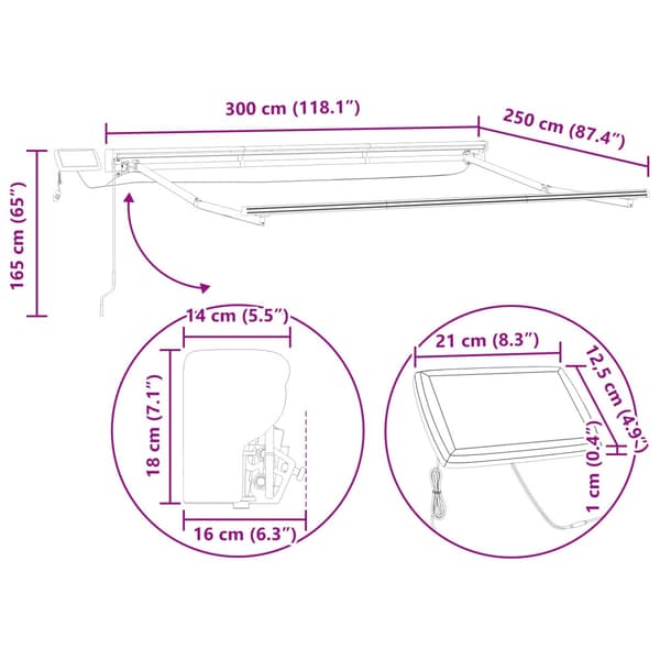 Manuell markisram med LED-lampor Gul och Vit 3 x 2,5 m