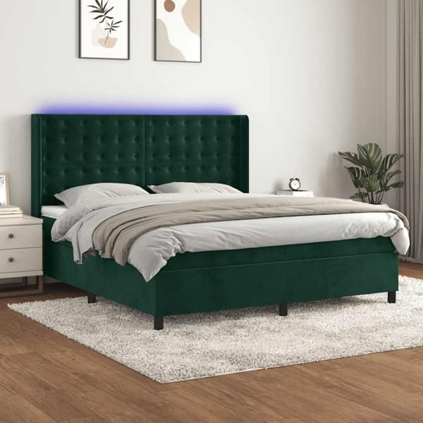 Ramsäng med madrass & LED mörkgrön 160x200 cm sammet
