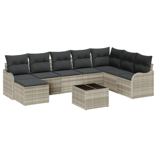 Trädgårdsoffset med kudde 9 pcs Ljusgrå Poly rattan