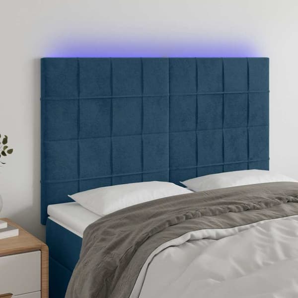 Sänggavel LED mörkblå 144x5x118/128 cm sammet