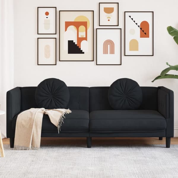 Soffa med kuddar 3-sits svart sammet