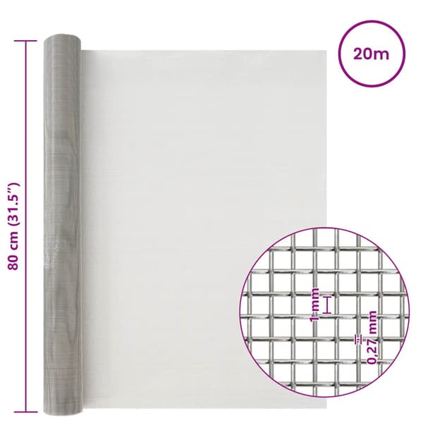 Nätduk 80 x 2000 cm 20 Mesh Rostfritt stål 201 Silver