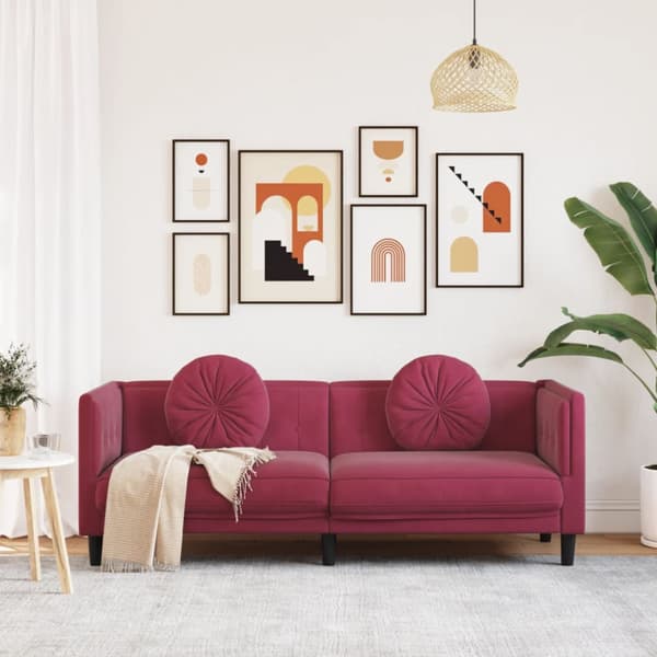 Soffa med kuddar 3-sits vinröd sammet