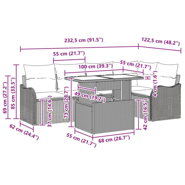 Matgrupp med kudde 6 pcs Brun Poly rattan