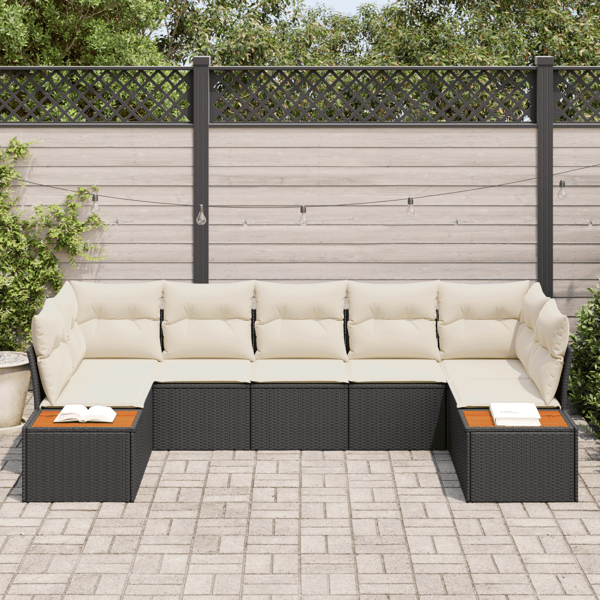 Trädgårdsoffset med kudde 7 pcs Svart och kräm Polyrattan