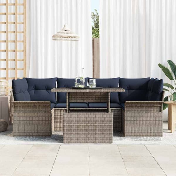 Trädgårdsoffset med kudde med lagring 7 pcs Grå Poly Rattan