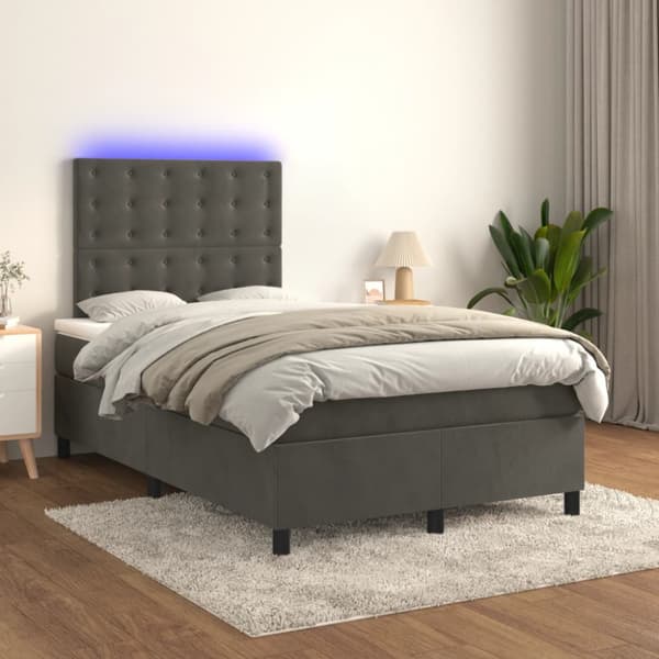 Ramsäng med madrass & LED mörkgrå 120x200 cm sammet