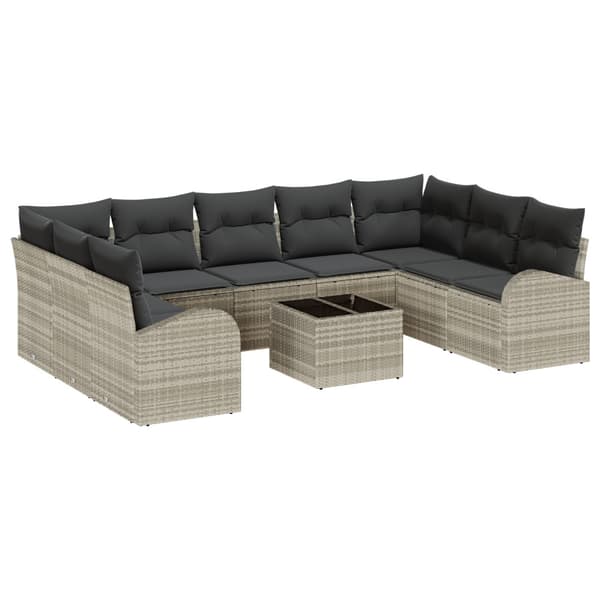 Soffset med kudde 10 pcs Ljusgrå Poly Rattan