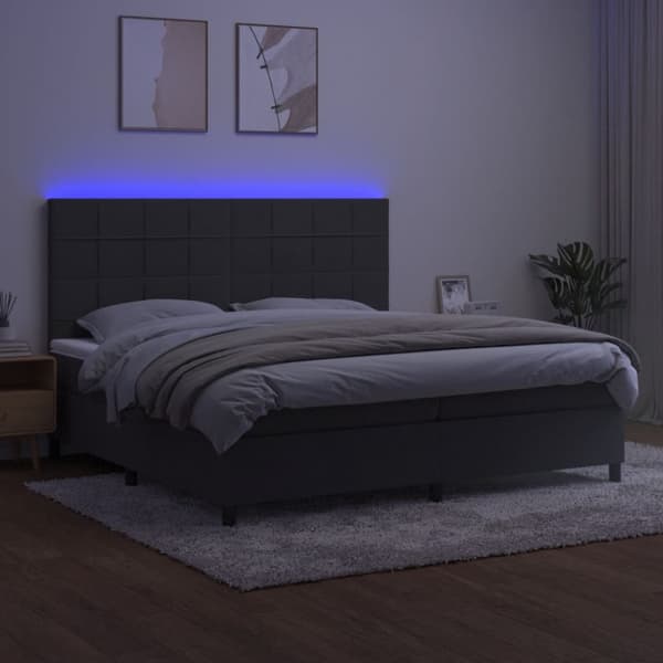 Ramsäng med madrass & LED mörkgrå 200x200 cm sammet