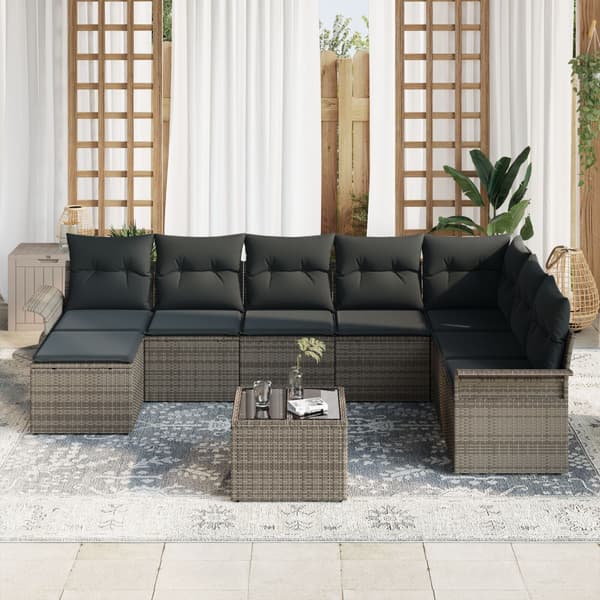 Trädgårdsoffset med kudde 9 pcs Grå Poly rattan
