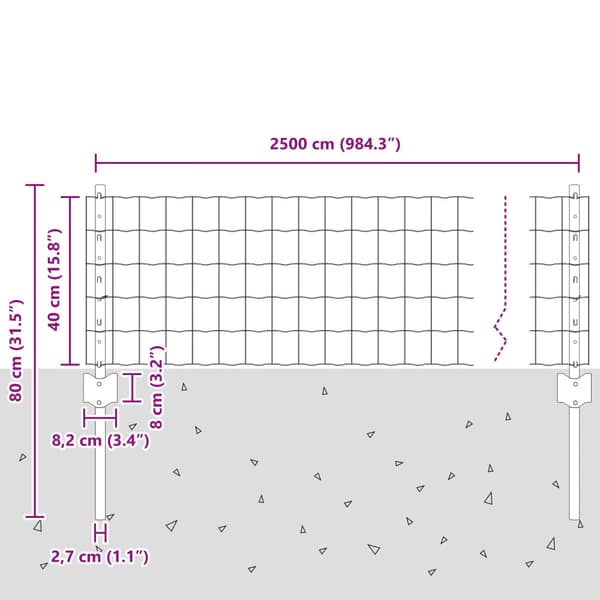 Stängsel med stolpe Silver 0,4 x 25 m Stål