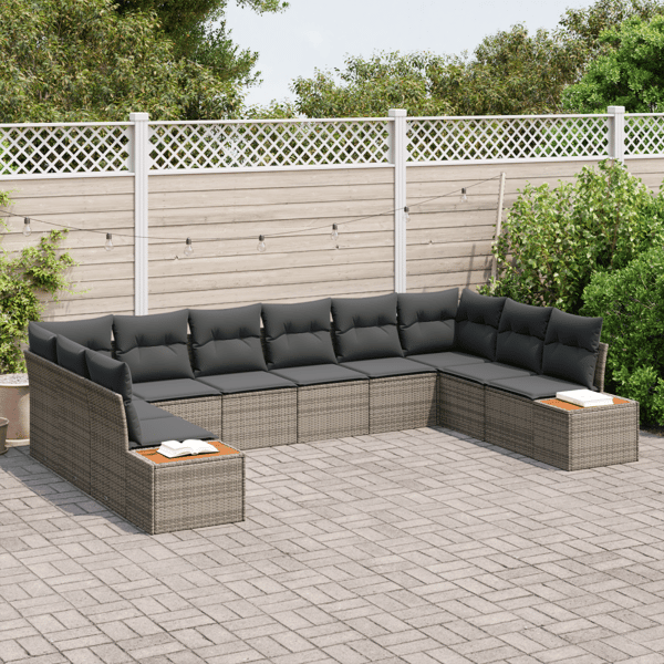 Trädgårdsoffset med kudde med lagring 10 pcs Grå Polyrattan