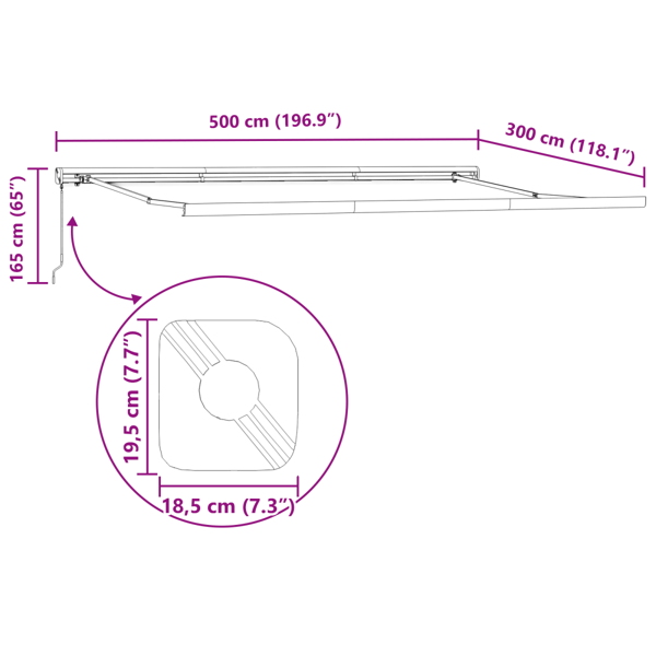 Utfällbar markis Vit 500 × 300 cm Tyg och Metall