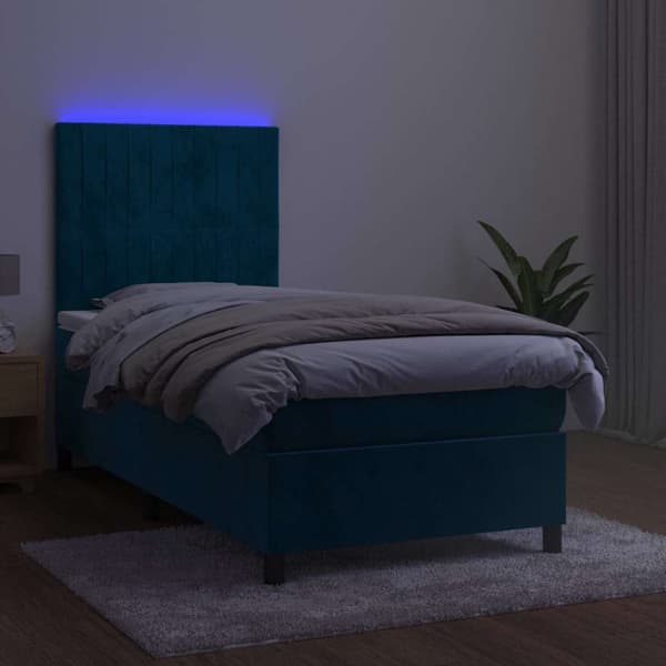 Ramsäng med madrass & LED mörkblå 90x190 cm sammet