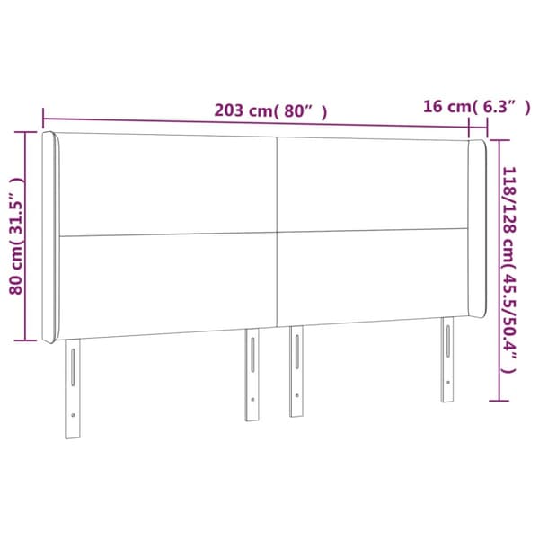 Sänggavel LED ljusgrå 203x16x118/128 cm sammet