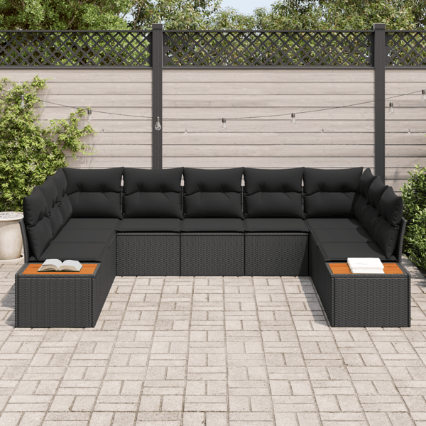 Trädgårdsoffset med kudde 9 pcs Svart Poly rattan