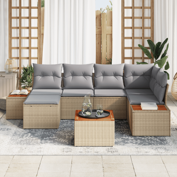 Trädgårdsoffset med kudde 7 pcs Beige och Ljusgrå Polyrattan