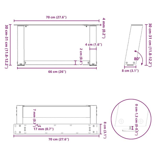 Soffbordsben U-formade 2 st svarta 70x(30-31) cm stål