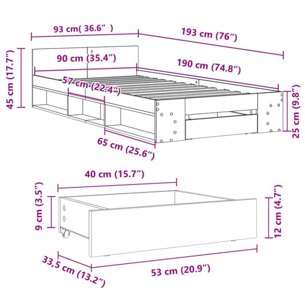 Sängram med låda vit 90x190 cm konstruerad trä