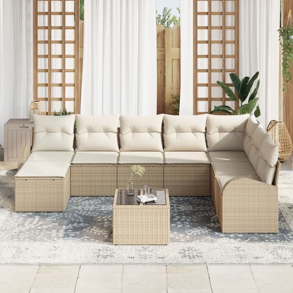 Trädgårdsoffset med kudde 9 pcs Beige Poly rattan
