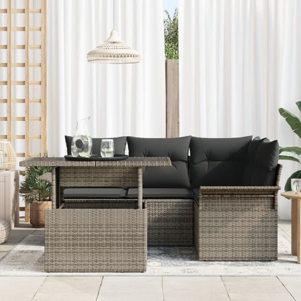 Trädgårdsoffset med kudde 5 pcs Grå Poly rattan