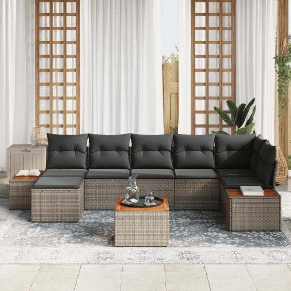 Trädgårdsoffset med kudde med lagring 8 pcs Grå Polyrattan