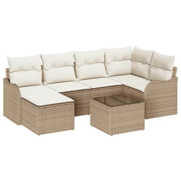 Trädgårdsoffset med kudde 7 pcs Beige och vit Poly rattan