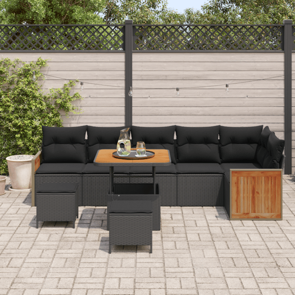 Trädgårdsoffset 9 pcs Svart Poly Rattan och Pulverlackerad Stål