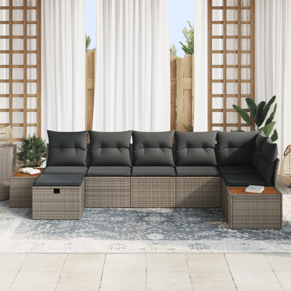 Trädgårdsoffset med kudde 7 pcs Grå Poly rattan