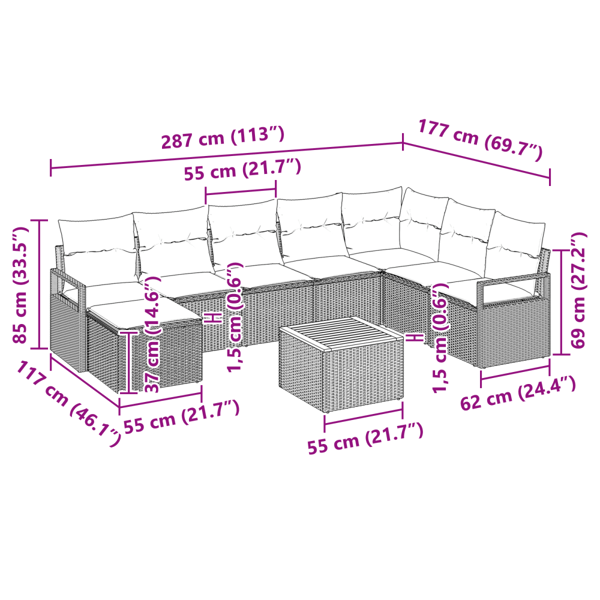 Trädgårdsoffset med kudde 9 pcs Beige konstrotting