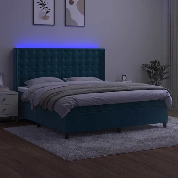 Ramsäng med madrass & LED mörkblå 160x200 cm sammet