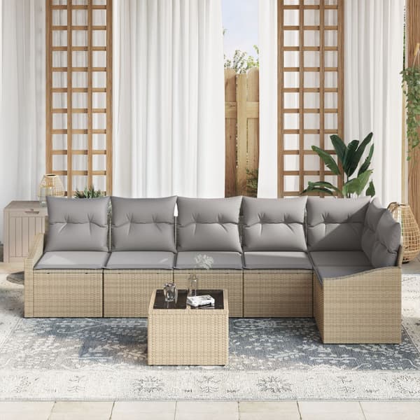 Trädgårdsoffset med kudde 7 pcs Beige och Ljusgrå konstrotting