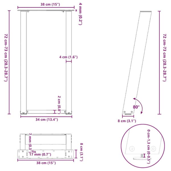 Konsolbordsben U-formade 2 st antracit 38x(72-73) cm stål