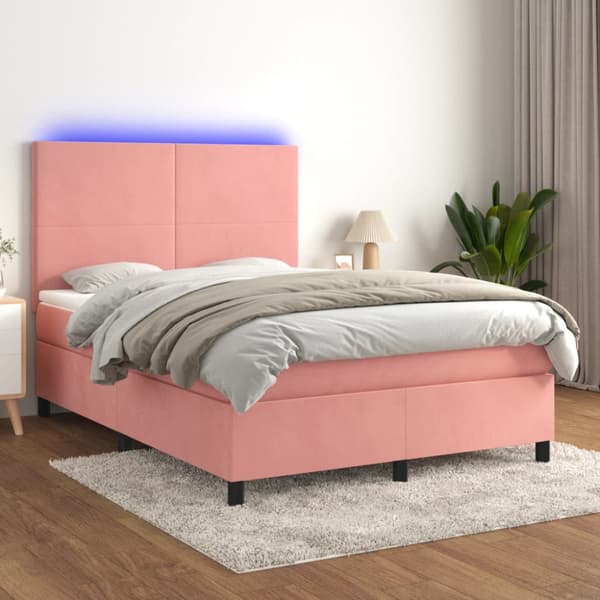 Ramsäng med madrass rosa & LED 140x190 cm sammet