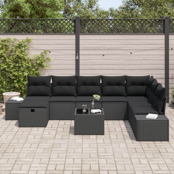 Trädgårdsoffset med kudde 9 pcs Svart Poly rattan