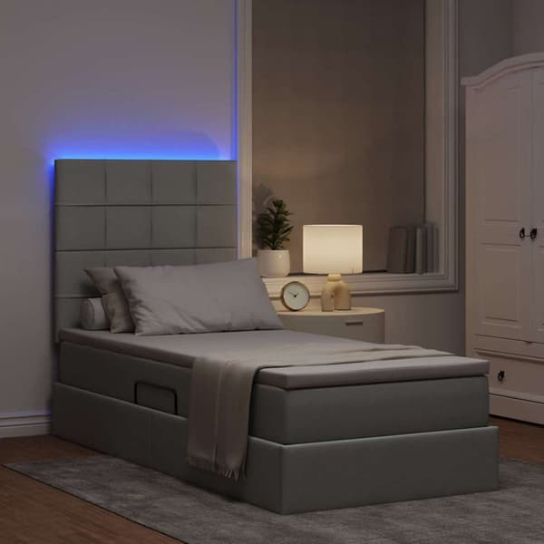 Förvaringssäng med LED med led Ljusgrå 90 x 190 cm Polyester