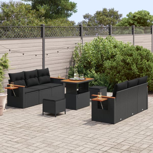Trädgårdsoffset 9 pcs Svart Poly Rattan och Pulverlackerad Stål