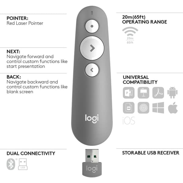 Logitech R500 trådlösa presentatörer Bluetooth/RF Grå