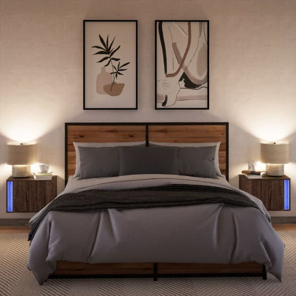 Väggmonterade sängbord med LED-lampor 2 st brun ek