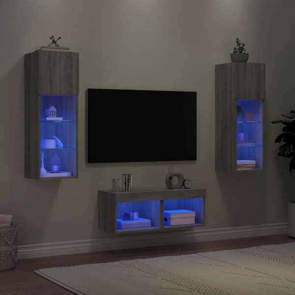 Väggmonterade tv-skåp 4 delar med LEDs grå sonoma