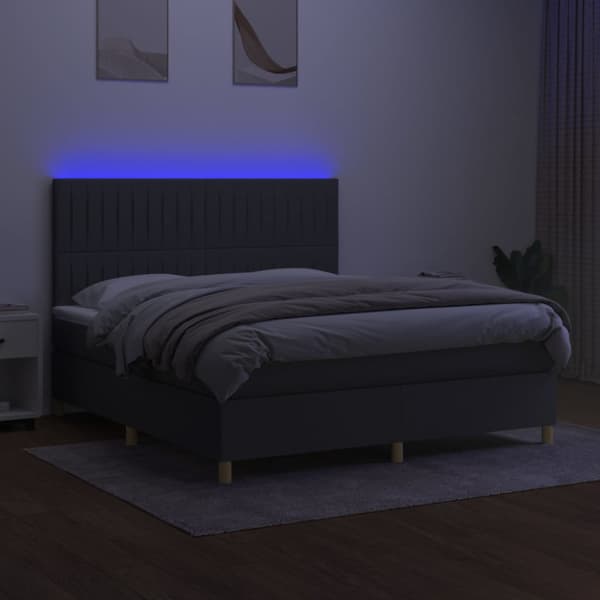 Ramsäng med madrass & LED mörkgrå 160x200 cm tyg