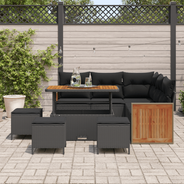Trädgårdsoffset 9 pcs Svart Poly Rattan och Pulverlackerad Stål
