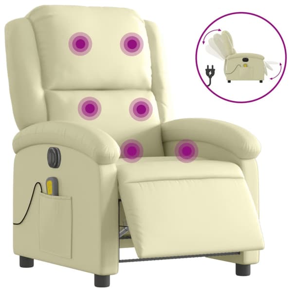 Elektrisk massagefåtölj gräddvit äkta läder