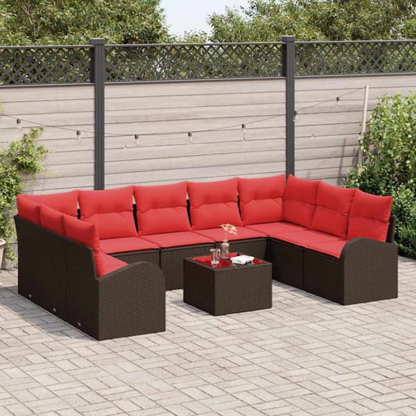 Soffset med kudde 10 pcs Brun Poly Rattan