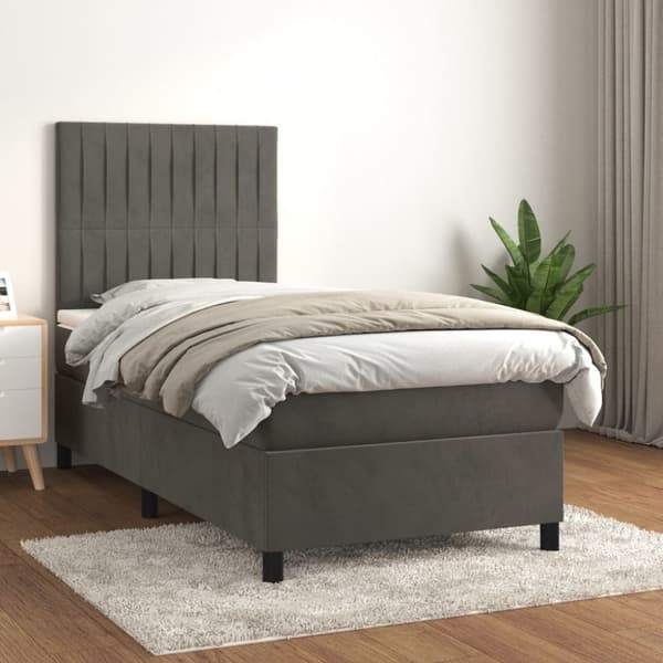 Ramsäng med madrass mörkgrå 90x190 cm sammet