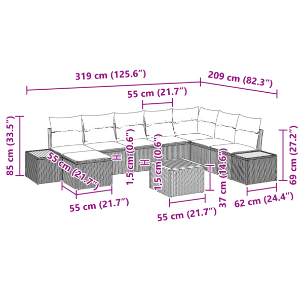 Trädgårdsoffset med kudde 9 pcs Svart Poly rattan