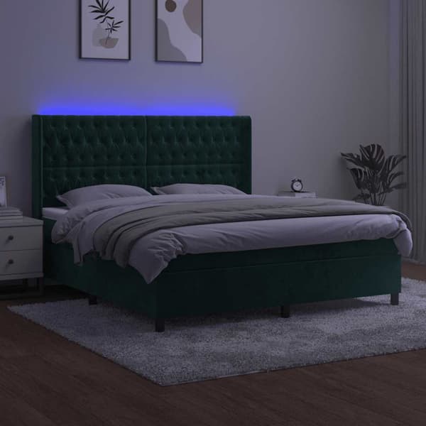 Ramsäng med madrass & LED mörkgrön 160x200 cm sammet