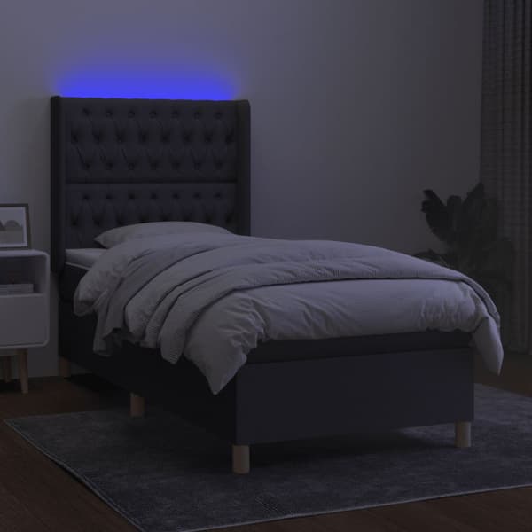 Ramsäng med madrass & LED mörkgrå 90x190 cm tyg