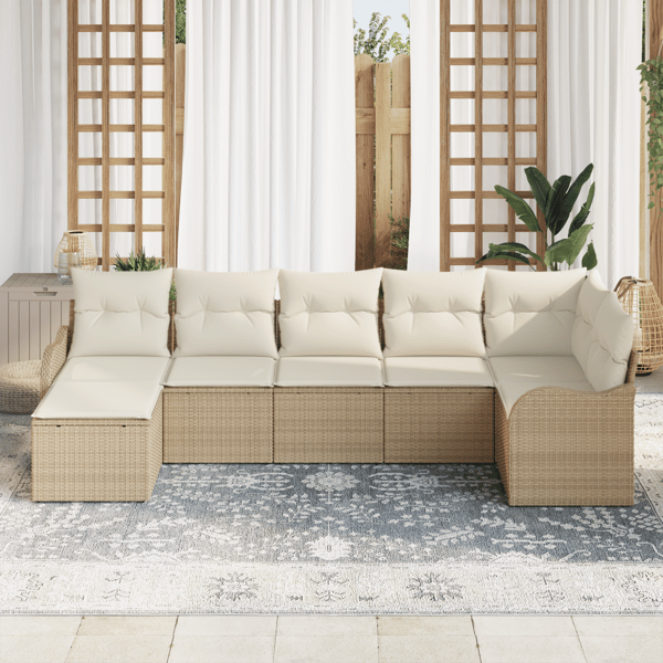 Trädgårdsoffset med kudde 7 pcs Beige och vit Poly rattan